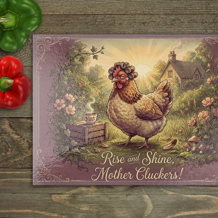 Chicken Rise and Shine Glass Cutting Board for wholesale by Beautiful Creations by Laney
