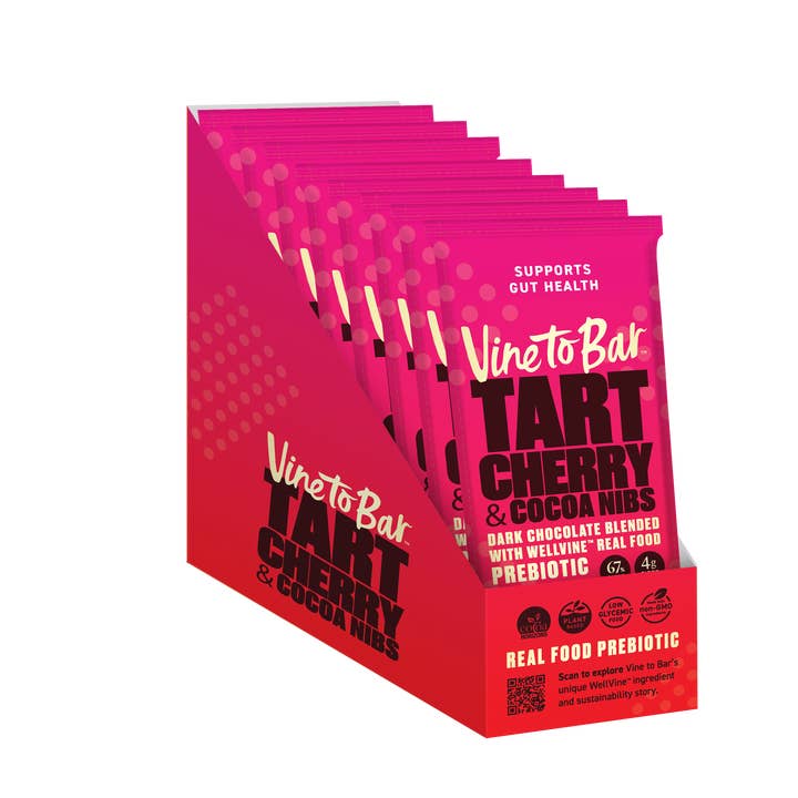 Barre de chocolat noir 60g aux cerises acidulées et éclats de cacao x 12 en présentoir pour la vente par Vine to Bar Chocolate