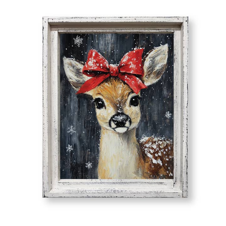 FRAMED CANVAS GIRL DEER RED BOW for wholesale by Jarmz Designs