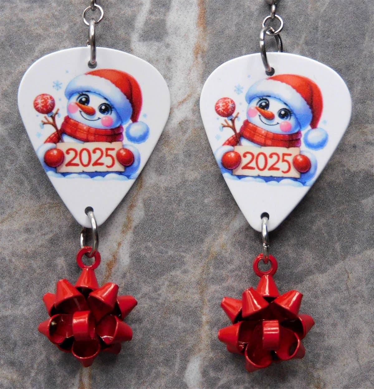 Simply Raevyn - Wholesale Dangle Earrings - Christmas 2025 Snowman Guitar Pick Earrings with Bow Dangles