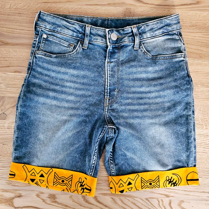 Unisex Denim Shorts with African Print Detail for wholesale by Mashona Collections