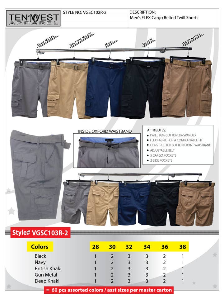 Short cargo ceinturé en sergé flexible pour hommes103-R2 pour la vente par Ten West Apparel