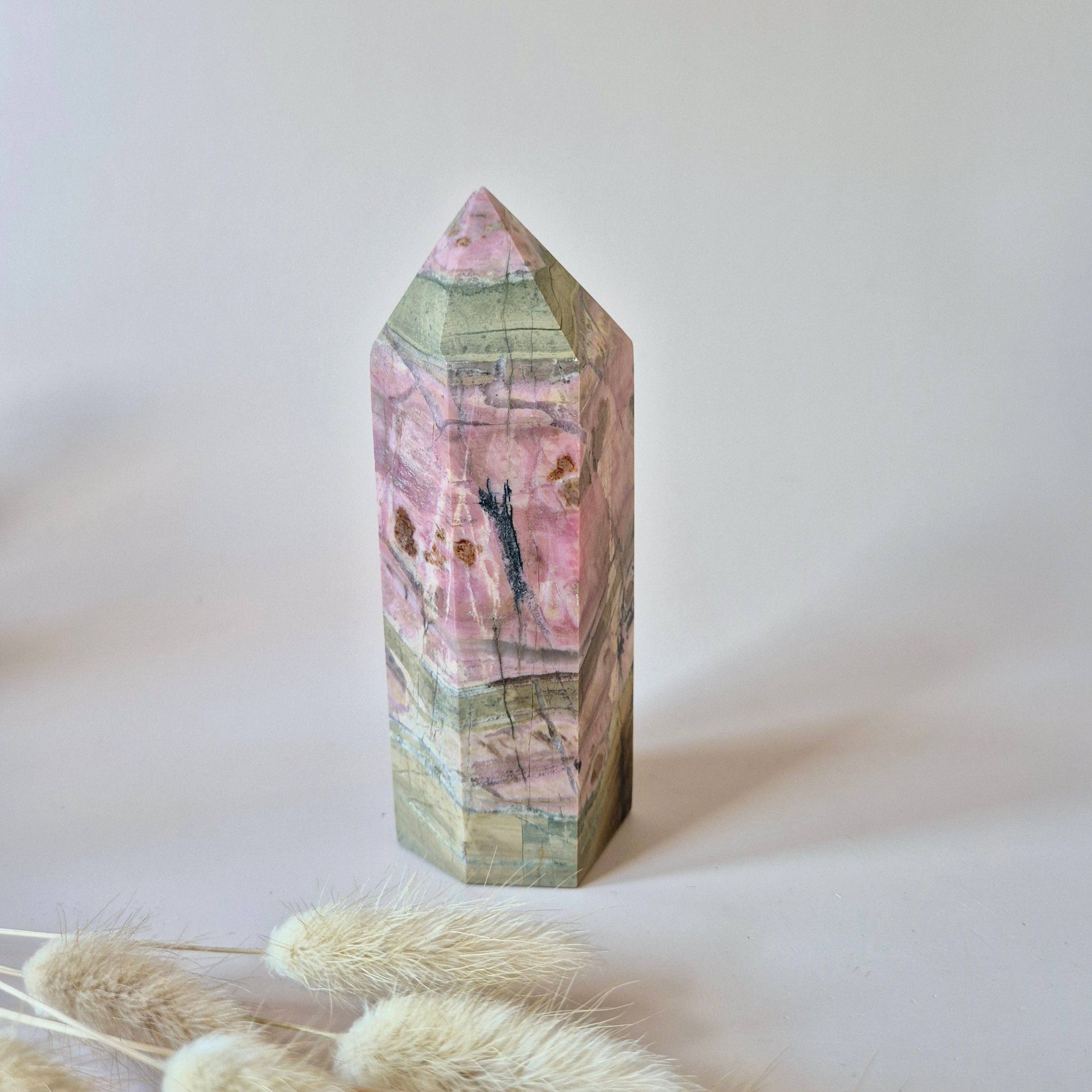 Moonlight Gemstones - Wholesale Spiritual Stone/Crystal - XL Rhodonite Tower – Powerful Healing in Pink & Black1