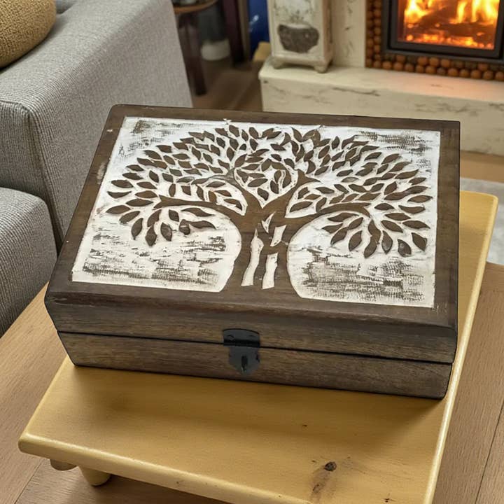 Carved Wood Shade Tree Hinged Box-Fall Christmass Spring for wholesale by Wilco Home