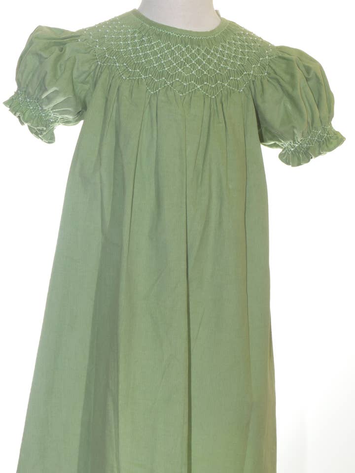 Green Corduroy Pearl Smocked Short Sleeve Bishop Dress for wholesale by Hello Bebes!