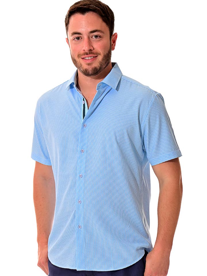 Blue Men's Button Front Short Sleeve Shirt MCX3185-B M-2XL BOHIO for wholesale on Faire