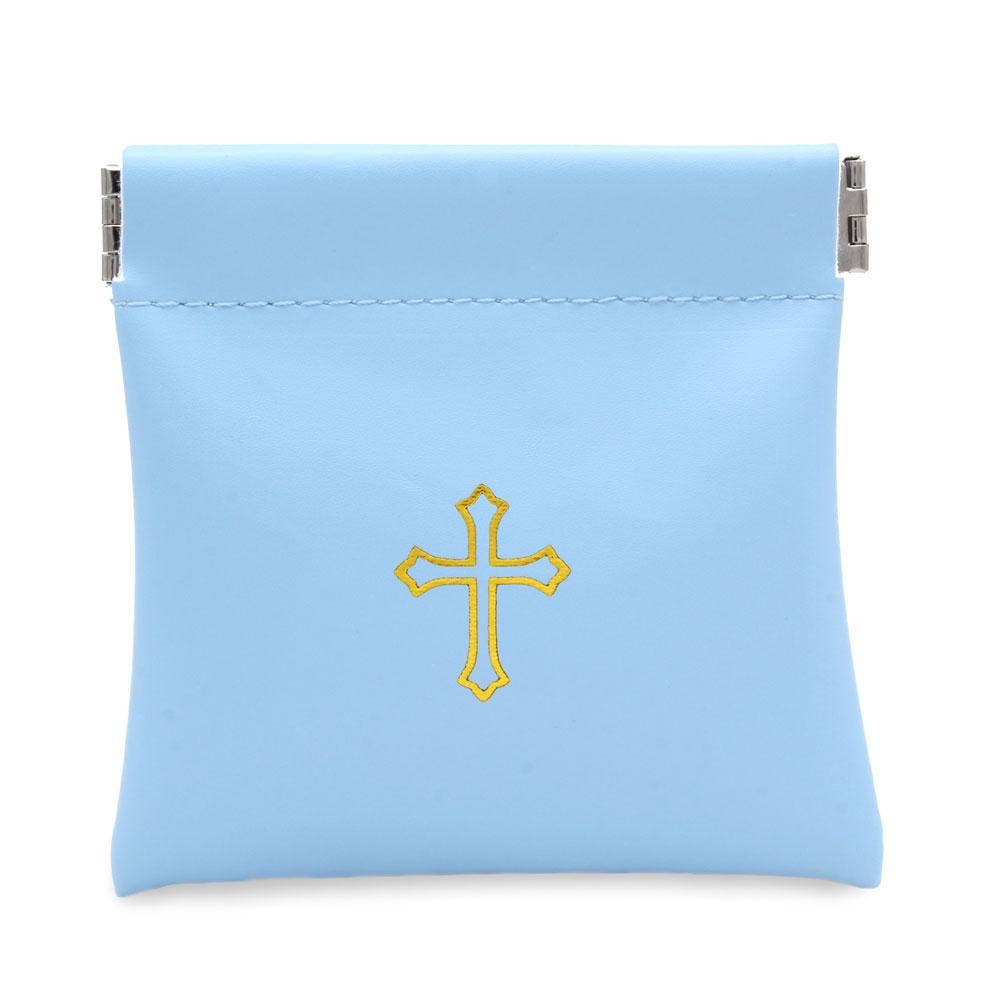 RM Trading - Wholesale Pouch - Unisex - Squeeze Top Rosary Pouch Light Blue Faux Leather w/Imprint