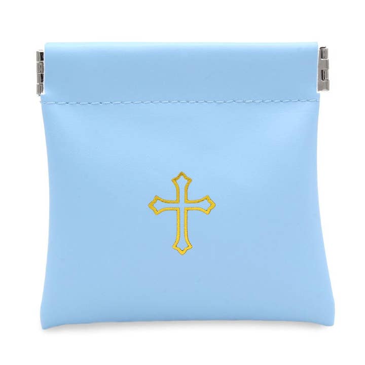 RM Trading - Wholesale Pouch - Unisex - Squeeze Top Rosary Pouch Light Blue Faux Leather w/Imprint0
