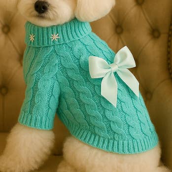 Pearl Bow Cable Knit Dog Sweater – Luxe Winter Petwear for wholesale by Bark Fifth Avenue