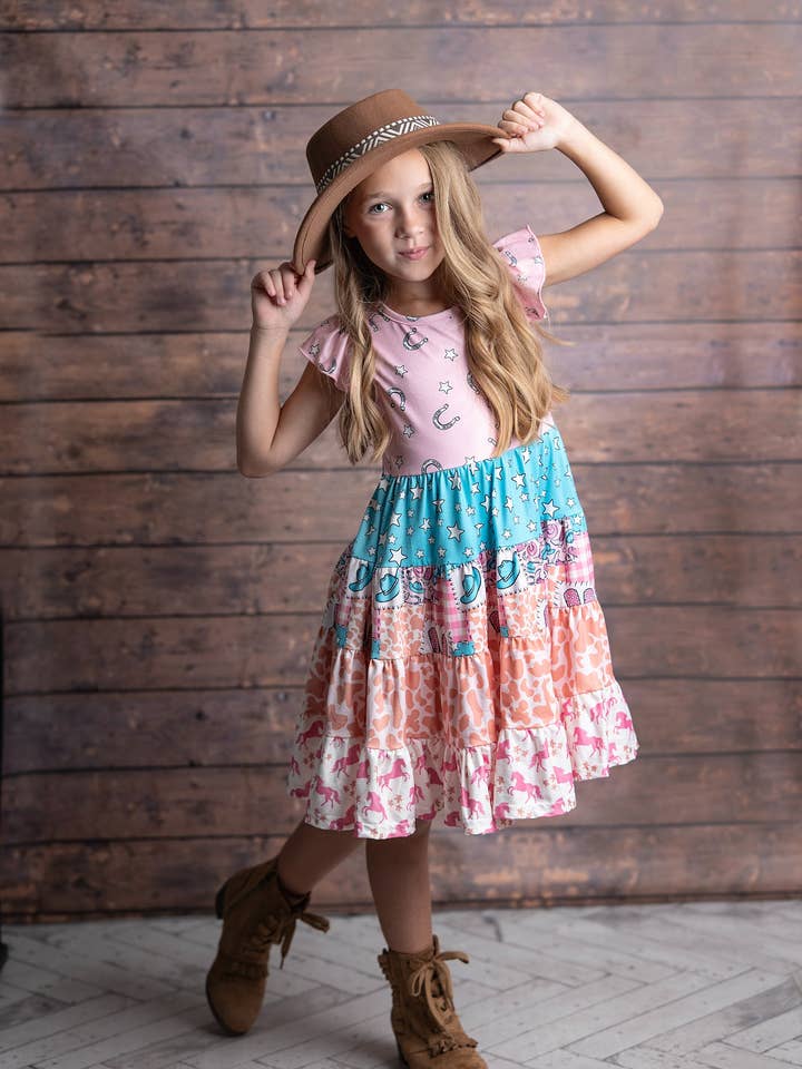 Girls Pink Blue Cowgirl Ruffle Tiered Summer Spring Dress for wholesale by Adorable Sweetness