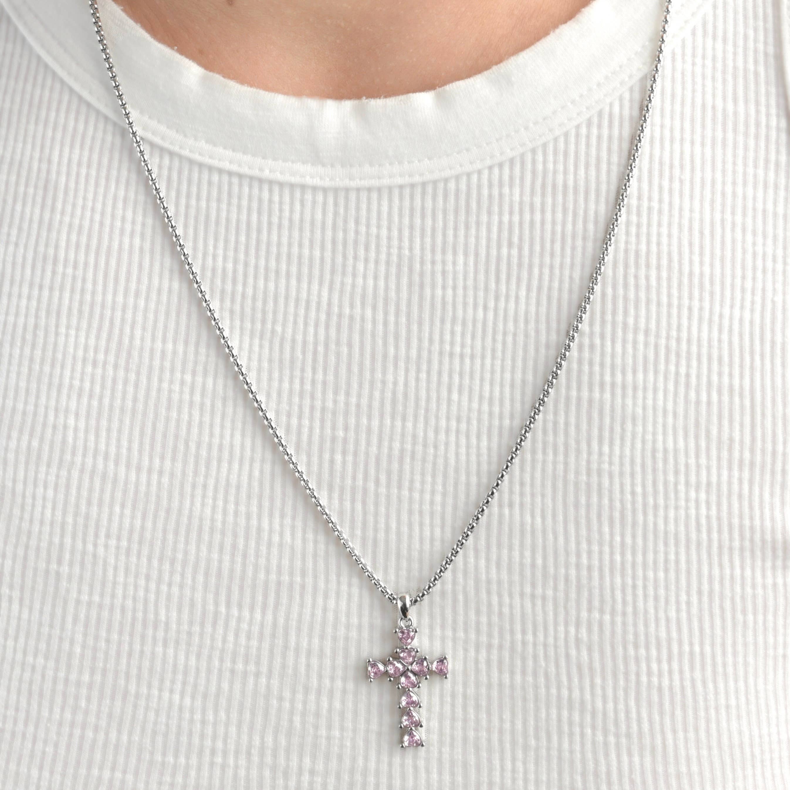 Blueyejewelry - Wholesale Pendant/Charm Necklace - Long Diamond Cross Necklace with Heart Shaped Stones7