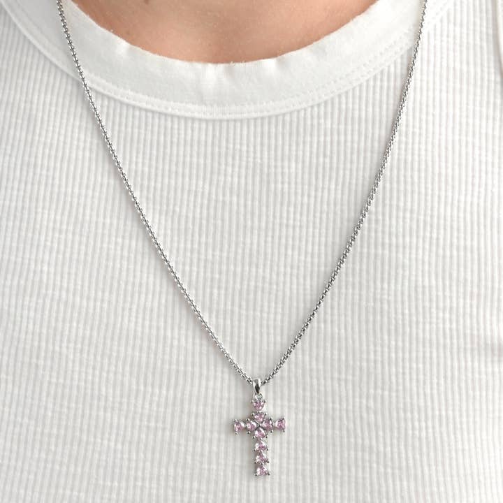 Blueyejewelry - Wholesale Pendant/Charm Necklace - Long Diamond Cross Necklace with Heart Shaped Stones7