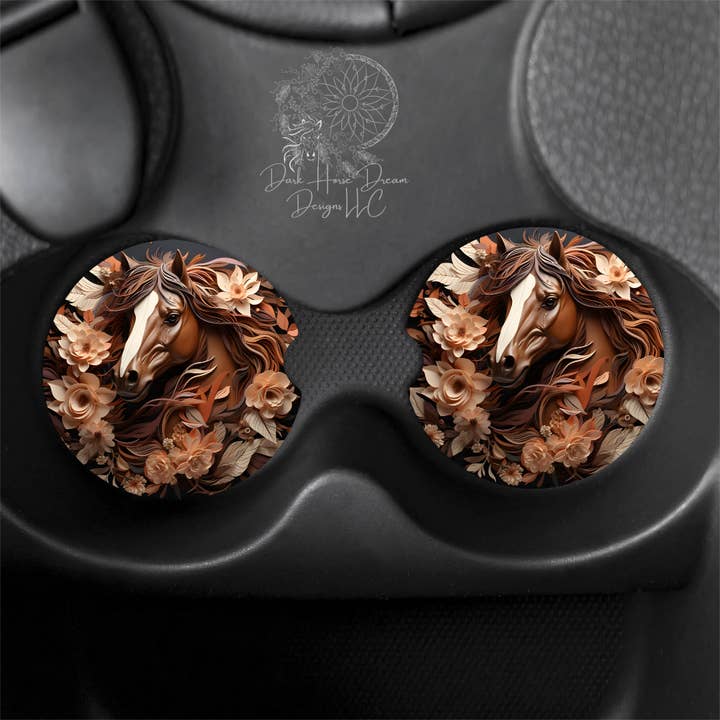 Dark Horse Dream Designs LLC - Wholesale Car Coaster - Women's - 3D Brown Floral Horse / Equine Car Coasters