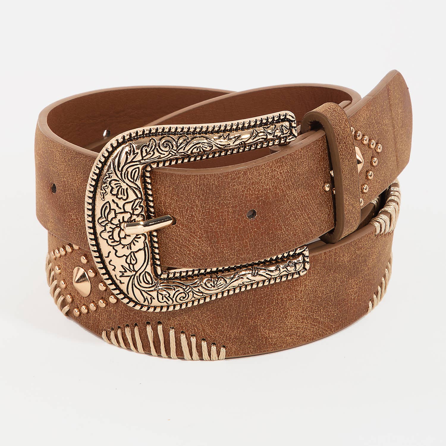 Collections by Fame Accessories - Wholesale Belt - Women's - Western Floral Etched Buckle Vegan Leather Belt8