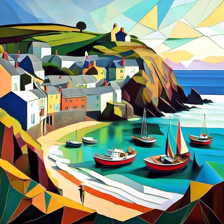 Boats in harbour cubism I for wholesale by Coastal & Countryside Greeting Cards by NY