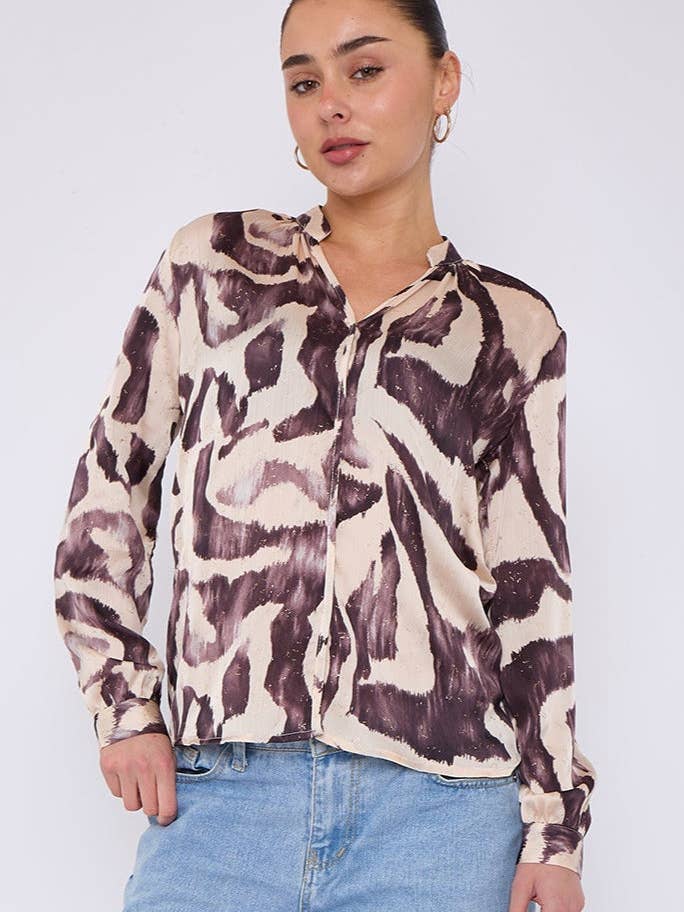 Grey Abstract Print Gold Foil Dotted Blouse for wholesale by Love Sunshine Wholesale