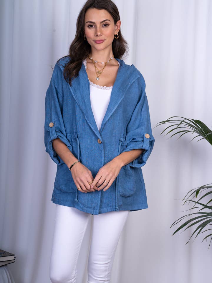 LEL-V5946L Casual Jacka med huva i linne för wholesale av ORNELLA PARIS