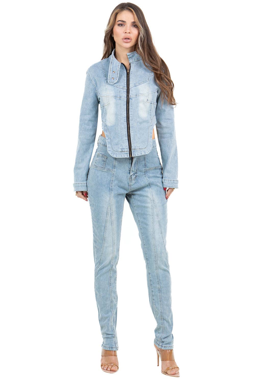 BLEU CLAIR ENSEMBLE DEUX PIÈCES EN DENIM POUR FEMMES en vente sur Faire1