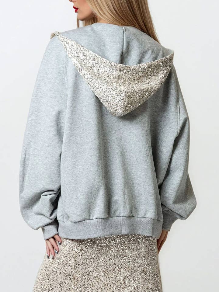 Gray Sequin Zip Up Hoodie for wholesale on Faire2