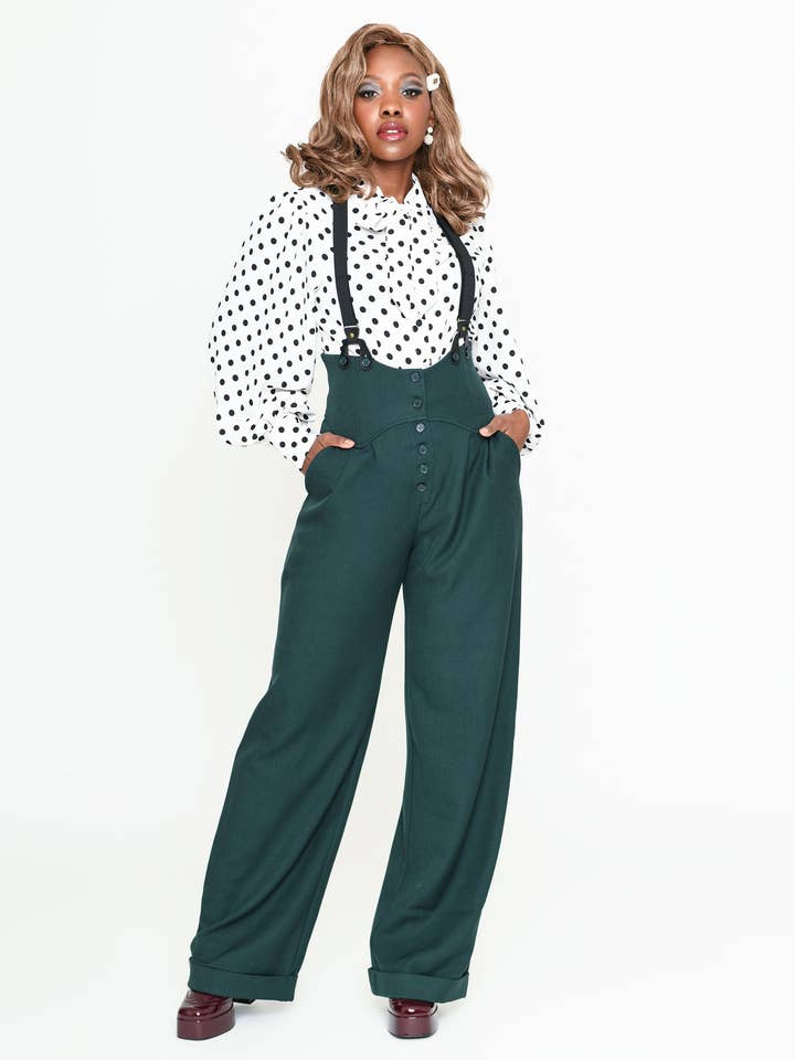 Unique Vintage - Wholesale Pants - Women's - Unique Vintage Dark Emerald Thelma Suspender Pants