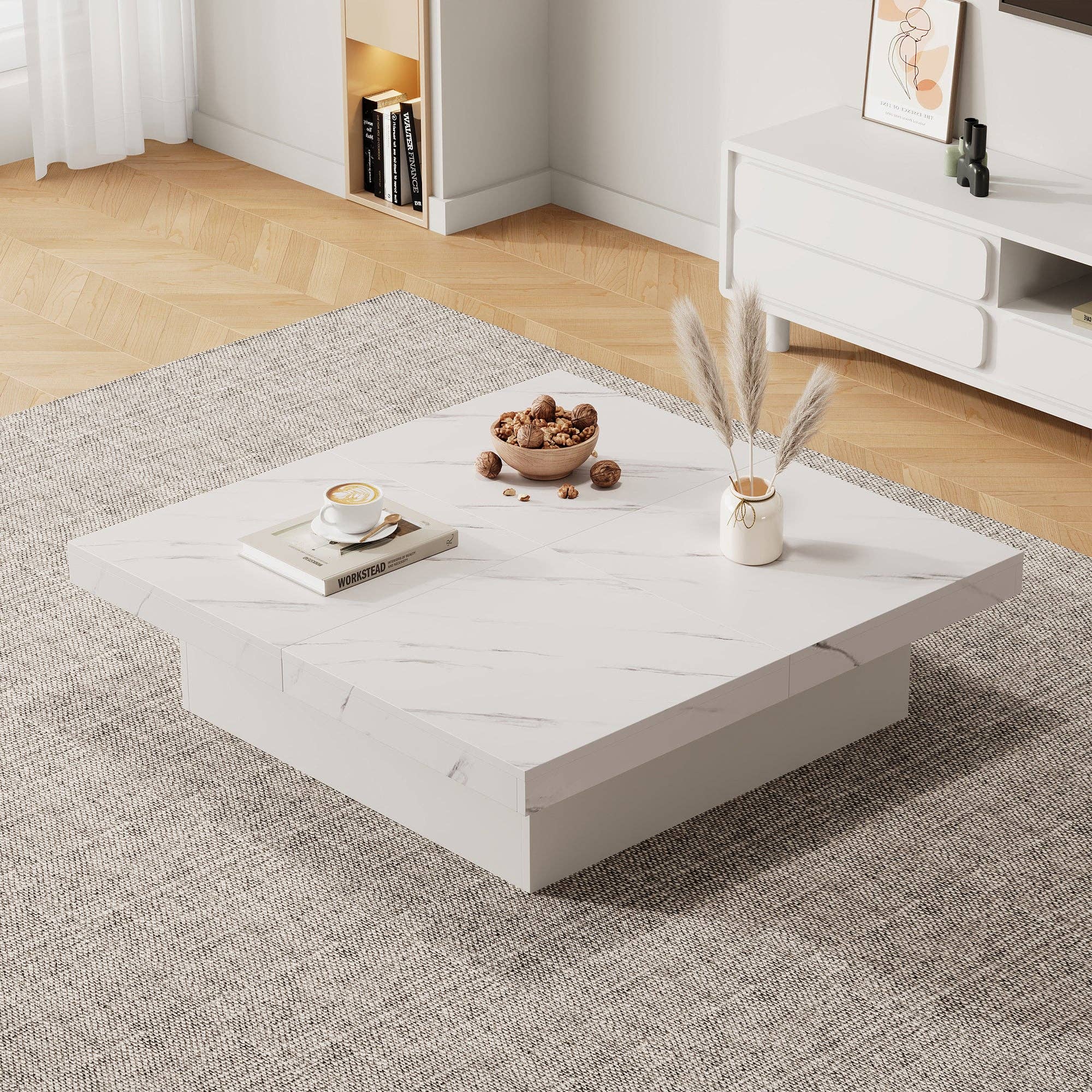 Urban Meuble - Wholesale Side Table - Modern white square coffee table with marble effect, 4 drawers, sliding top 90x90x25cm KHEKRIED1