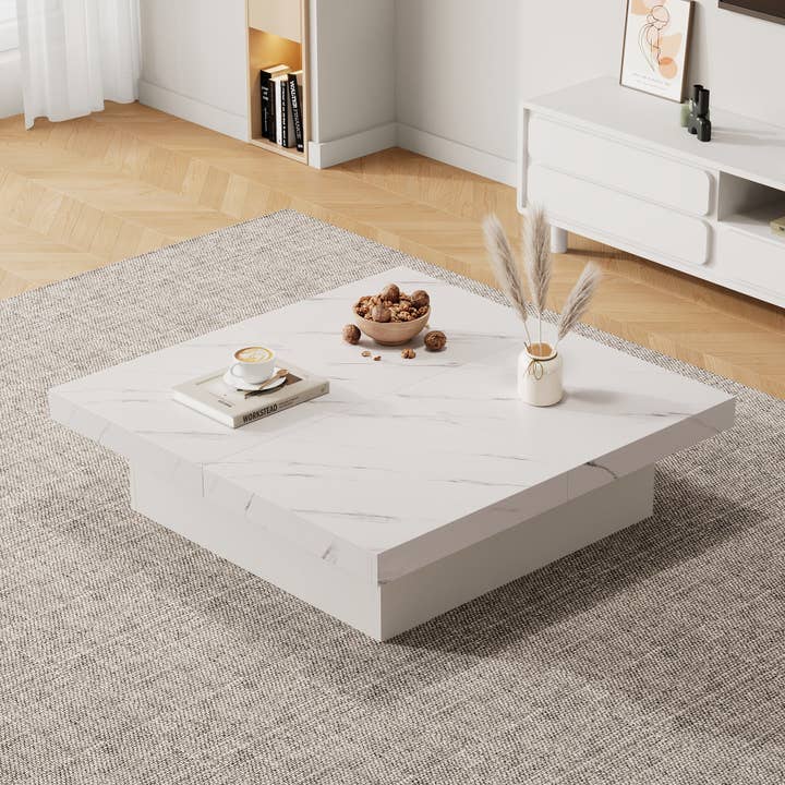 Urban Meuble - Wholesale Side Table - Modern white square coffee table with marble effect, 4 drawers, sliding top 90x90x25cm KHEKRIED1