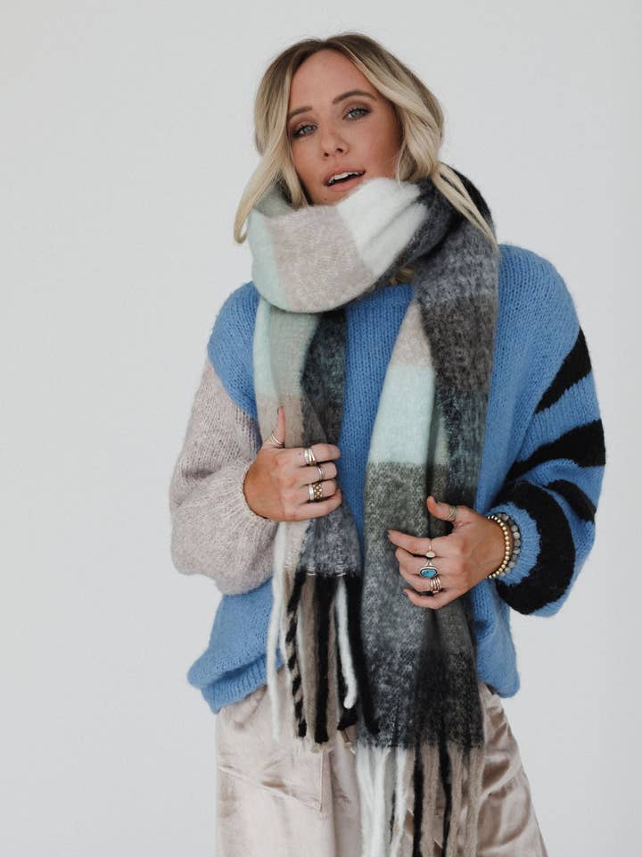 Everest Cozy Fall Plaid Scarf - Blue for wholesale by Three Bird Nest