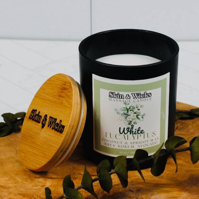 White Eucalyptus Wooden Wick Candle for wholesale by Skin & Wicks