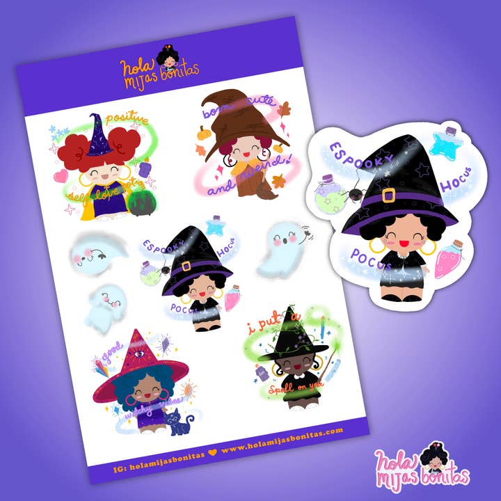 Brujitas Sticker Sheet for wholesale by Hola Mijas Bonitas
