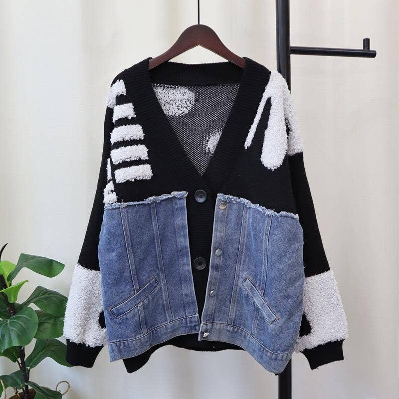 Productseeker - Wholesale Knit Top - Women's - JK104 Patchwork Denim Knitted Cardigan Sweater Jacket2