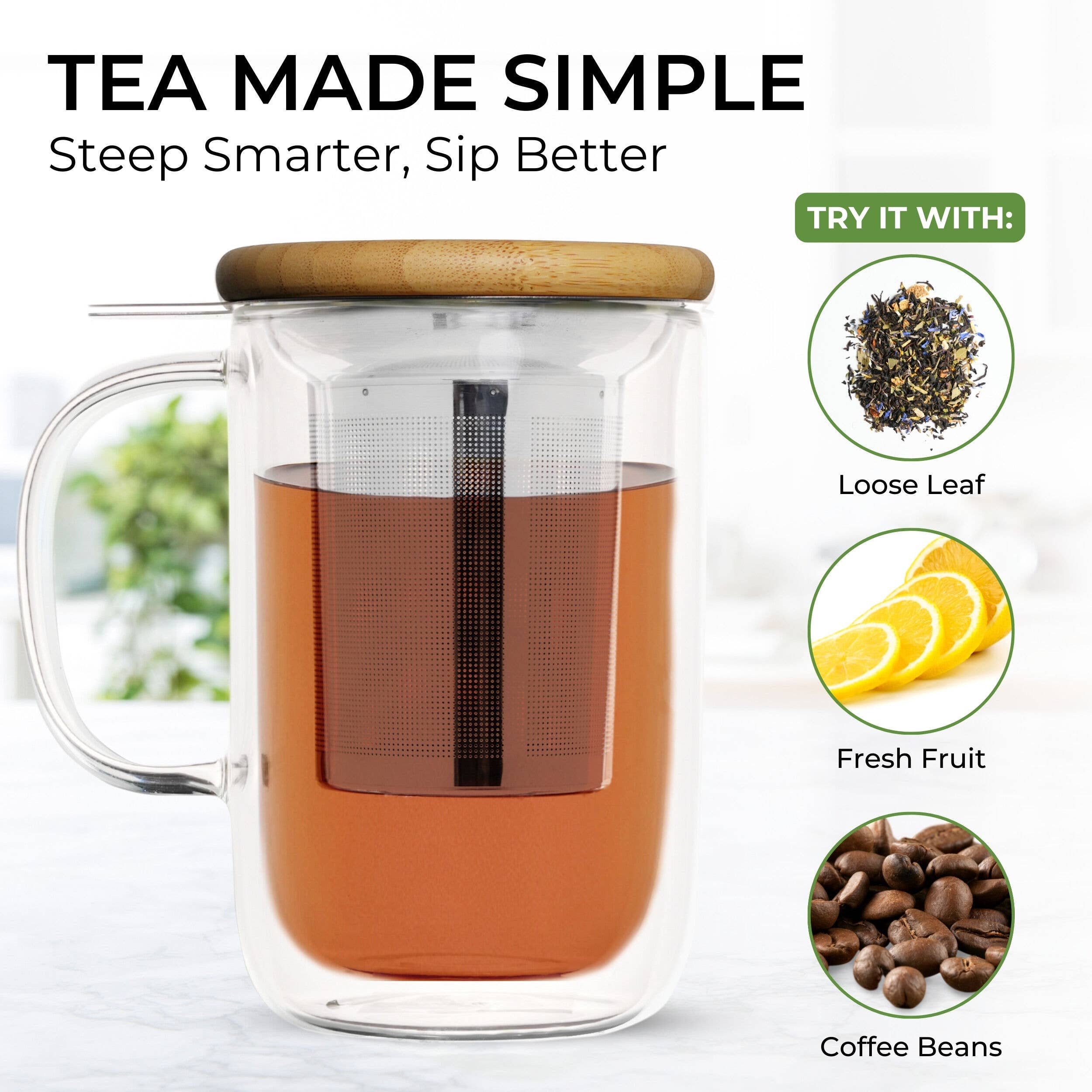 TEALYRA / LUXBE – wholesale Tea strainer/infuser – Venus Double Wall Glass Cup With Infuser, 13.5oz1