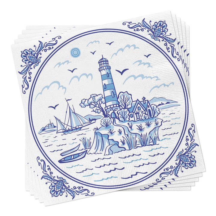 European Excellency - Wholesale Disposable Napkin - Blue Lighthouse Tile Cocktail Napkins - Nautical Napkins2