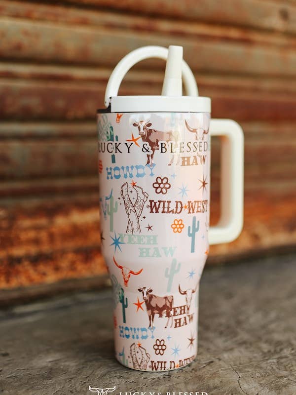 Western Howdy Cattle Printed Flip Straw Tumbler 30oz for wholesale by LUCKY & BLESSED