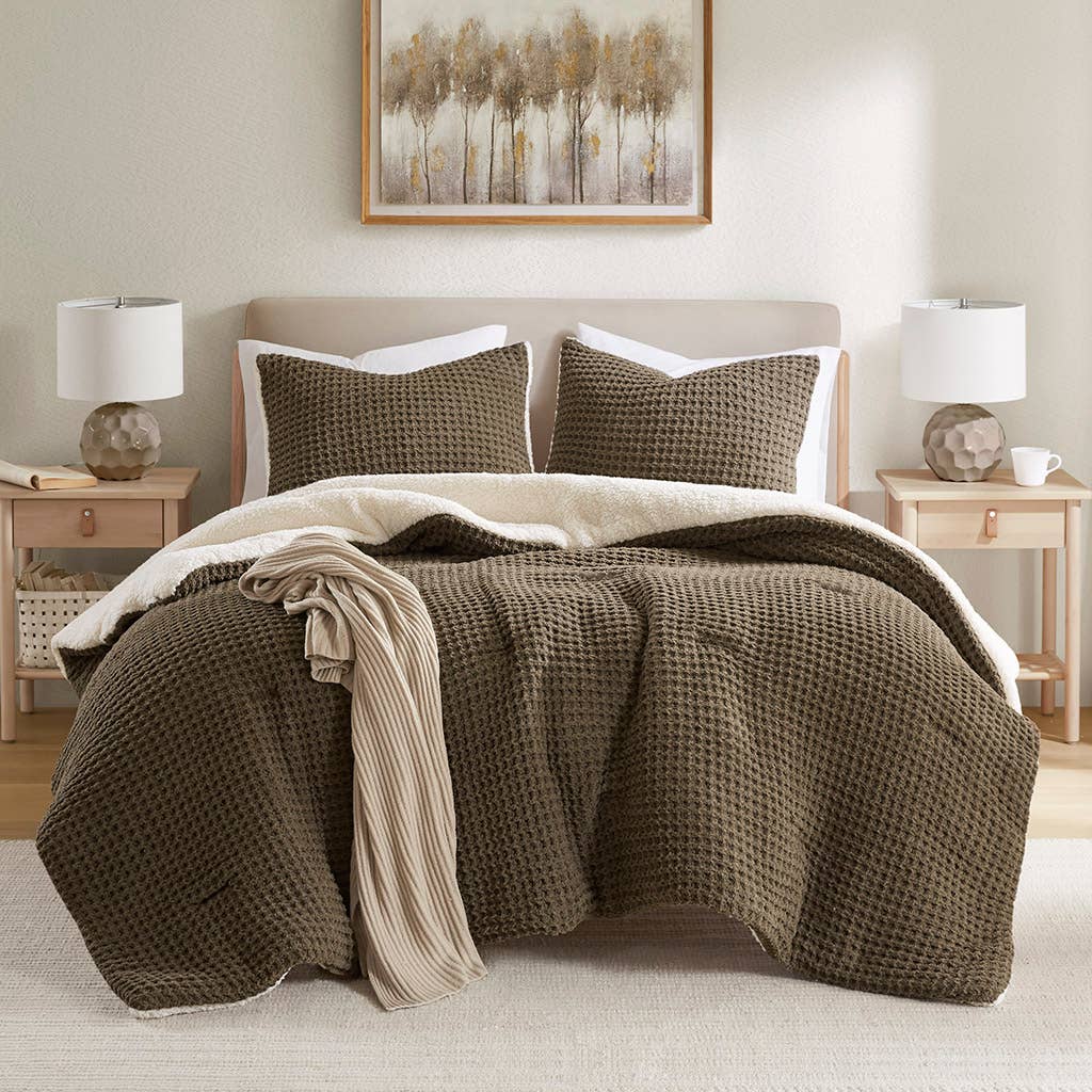Olliix - Wholesale Bedding Set - Waffle Knit Chenille Comforter Set, Brown2