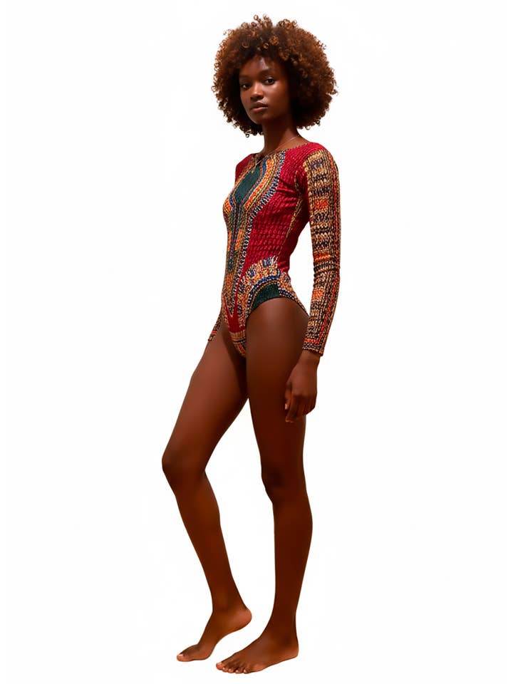 SUESES - Wholesale Bodysuit - Women's - Stretch fabric bodysuit with Dashiki Wine print.