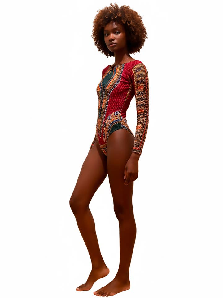 Stretch fabric bodysuit with Dashiki Wine print. for wholesale by SUESES