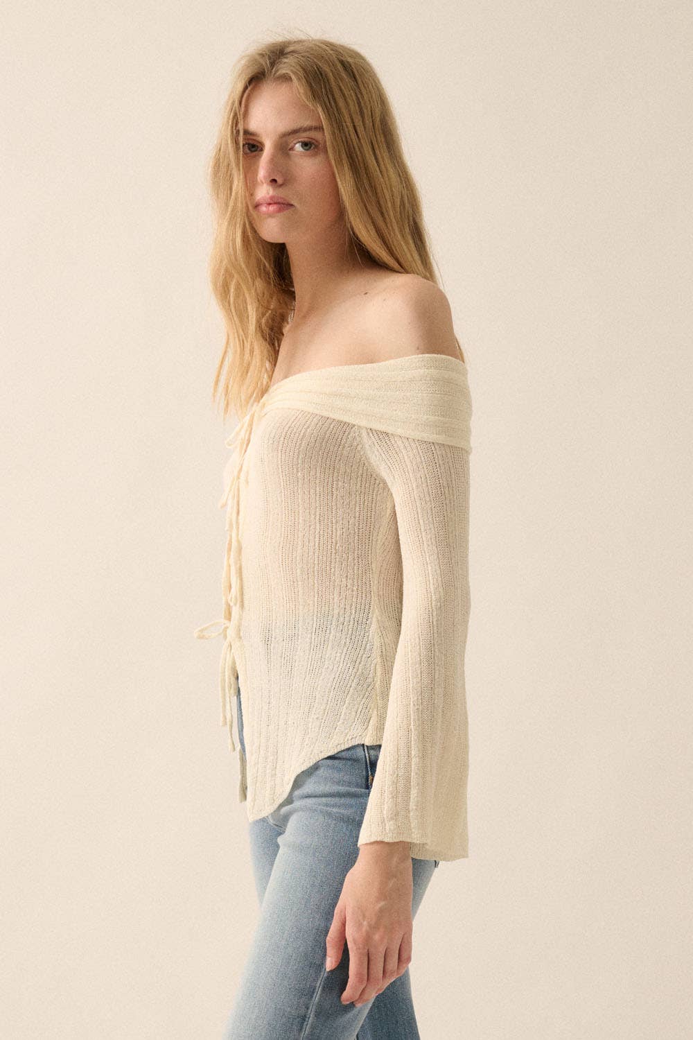Promesa USA - Wholesale Cardigan - Women's - Ribbed Knit Off-Shoulder Tie-Front Cardigan6