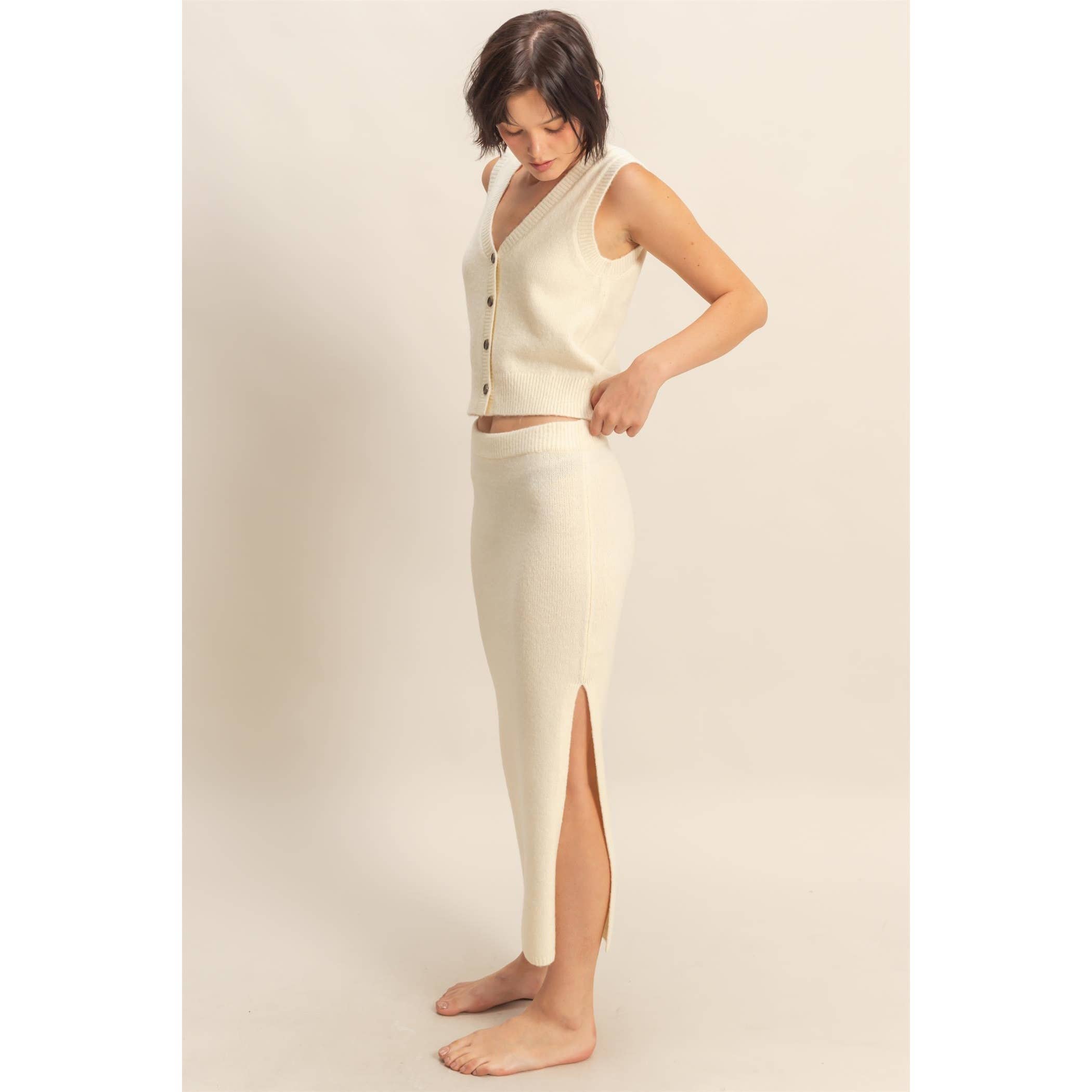 Double Zero - Wholesale Top & Skirt Set - Women's - Button Front Vest & Midi Skirt Knit Set4