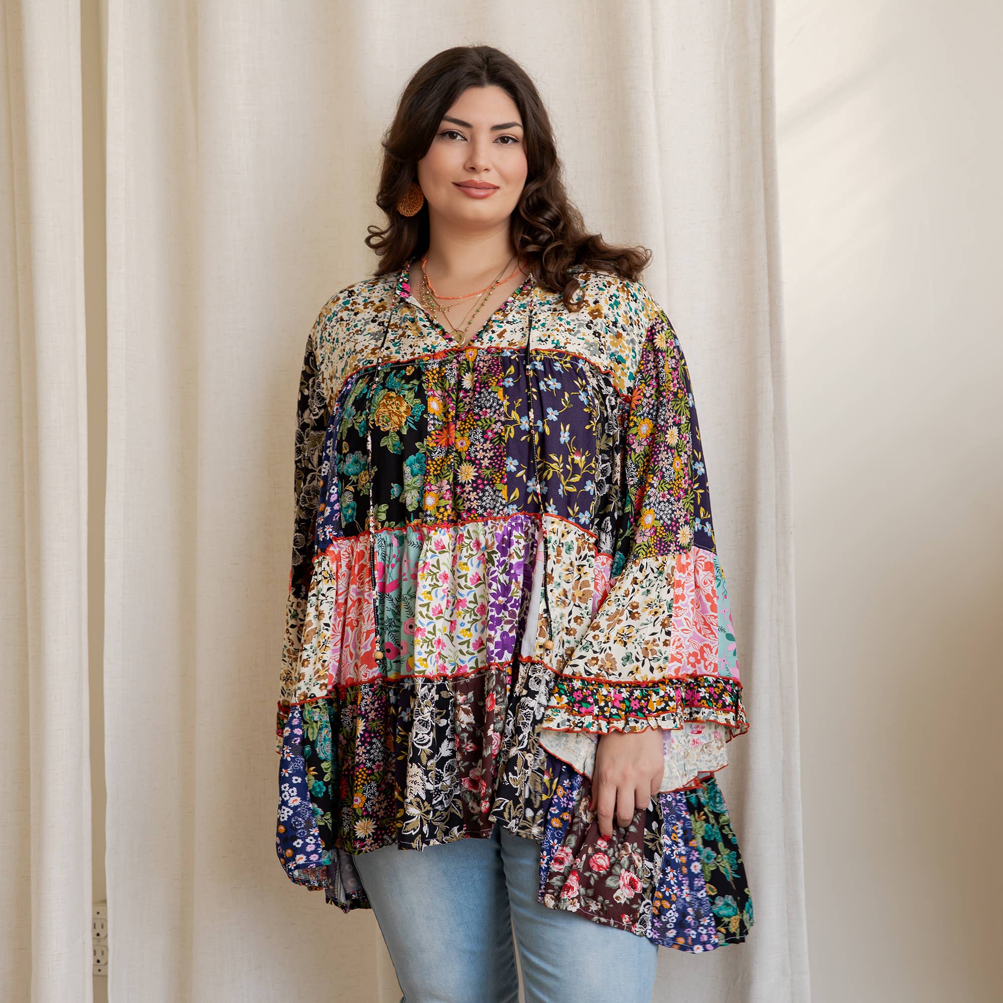 Multicolor Boho Multi-Print Patchwork Floral Tiered Tunic Top IN PLUS for wholesale on Faire9