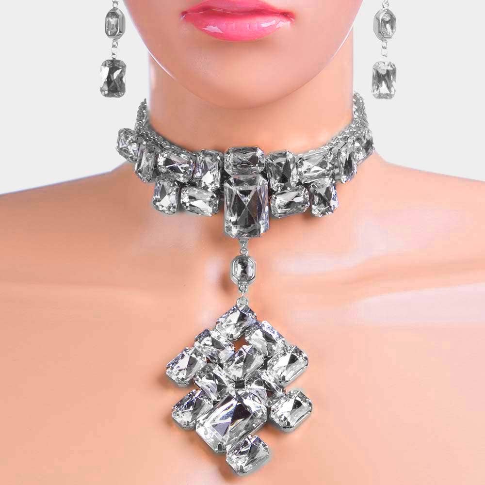 Sensibling Corp. - Wholesale Choker/Collar - Chunky Rectangle Stone Cluster Choker Necklace1