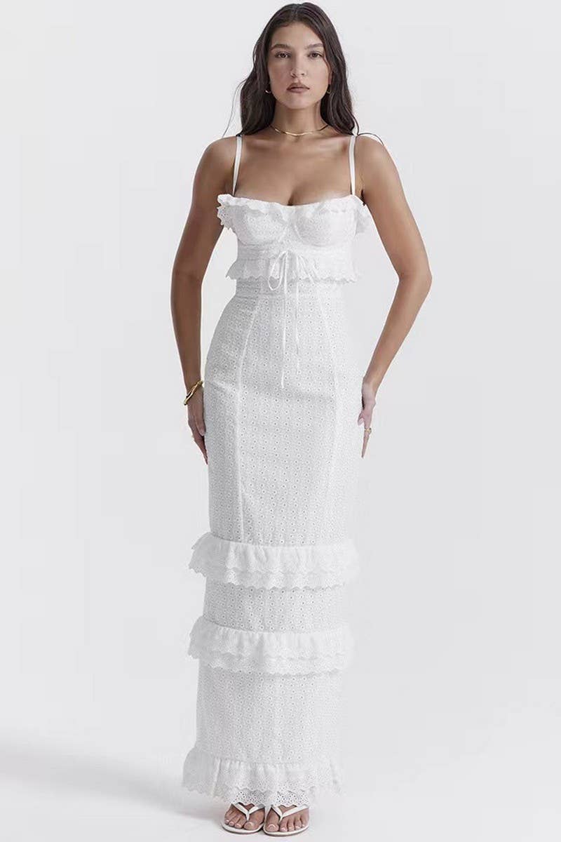 WHITE CWDMD3014_WHITE CROCHET SLIM SUSPENDER LONG DRESS for wholesale on Faire1