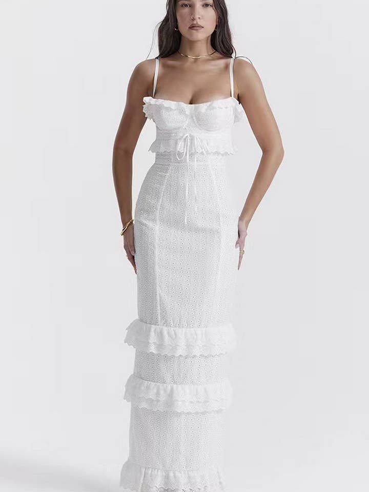 WHITE CWDMD3014_WHITE CROCHET SLIM SUSPENDER LONG DRESS for wholesale on Faire1