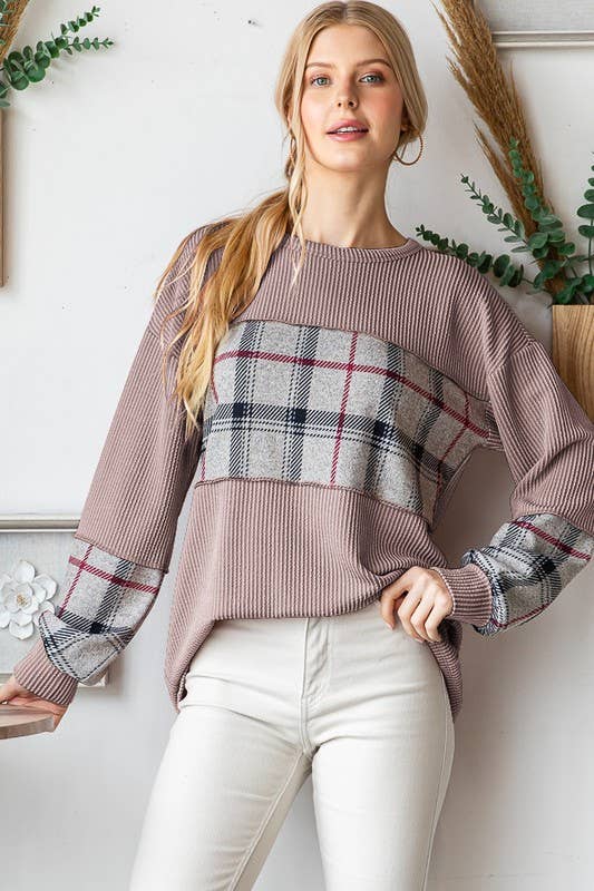 HEIMISH - Vente Haut en maille – femme - HAUT URBAIN CÔTELÉ ET À CARREAUX À MANCHES LONGUES ET7383-133