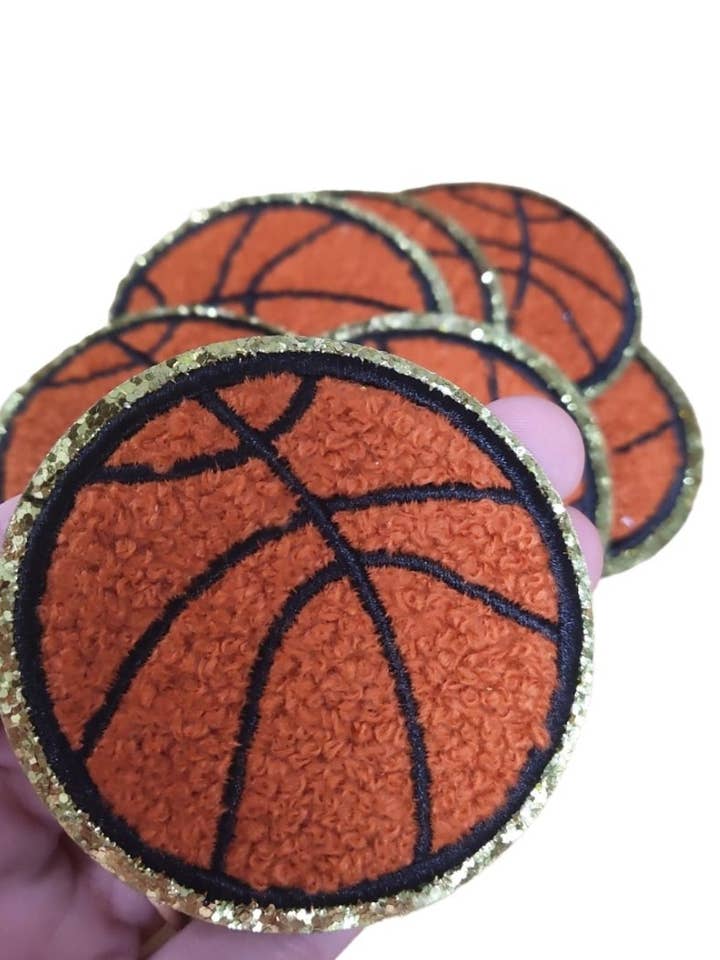 Brown Basketball Chenille Glitter Iron On Patch for wholesale by Scratch Decor