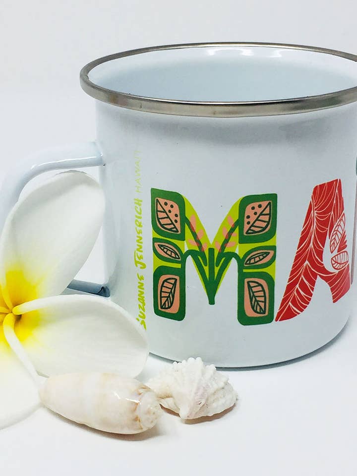 MAHALO enamel mug for wholesale by Suzanne Jennerich