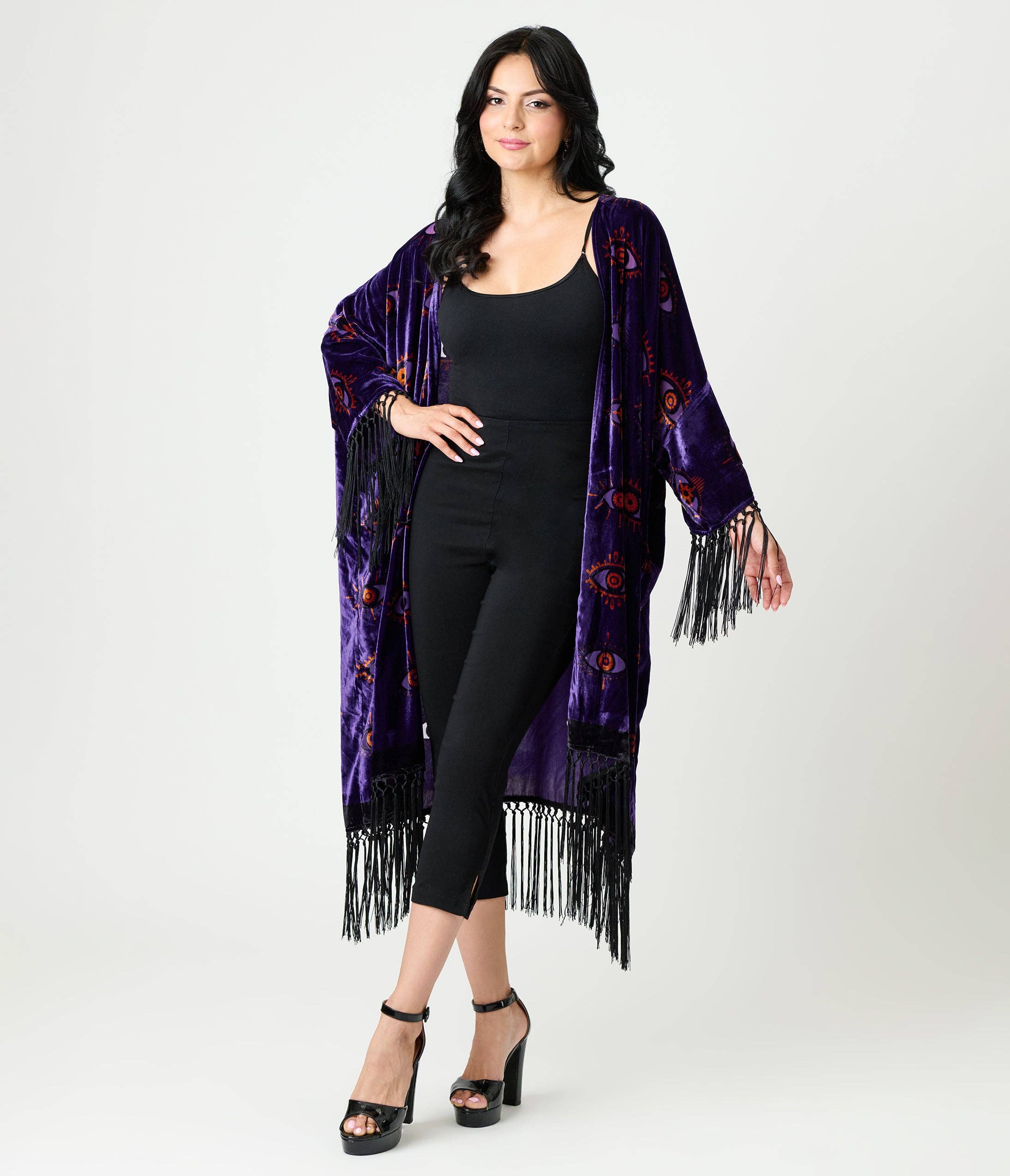 Unique Vintage – wholesale Kimono – Women's – Unique Vintage Purple Evil Eye Burnout Fringe Kimono1