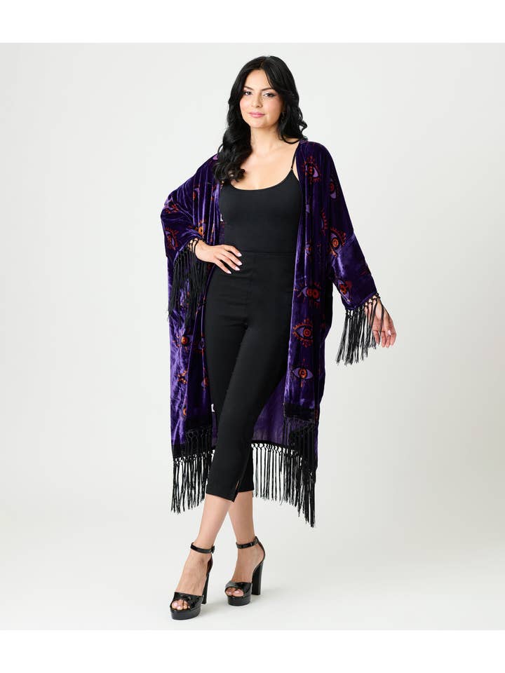 Unique Vintage – wholesale Kimono – Women's – Unique Vintage Purple Evil Eye Burnout Fringe Kimono1