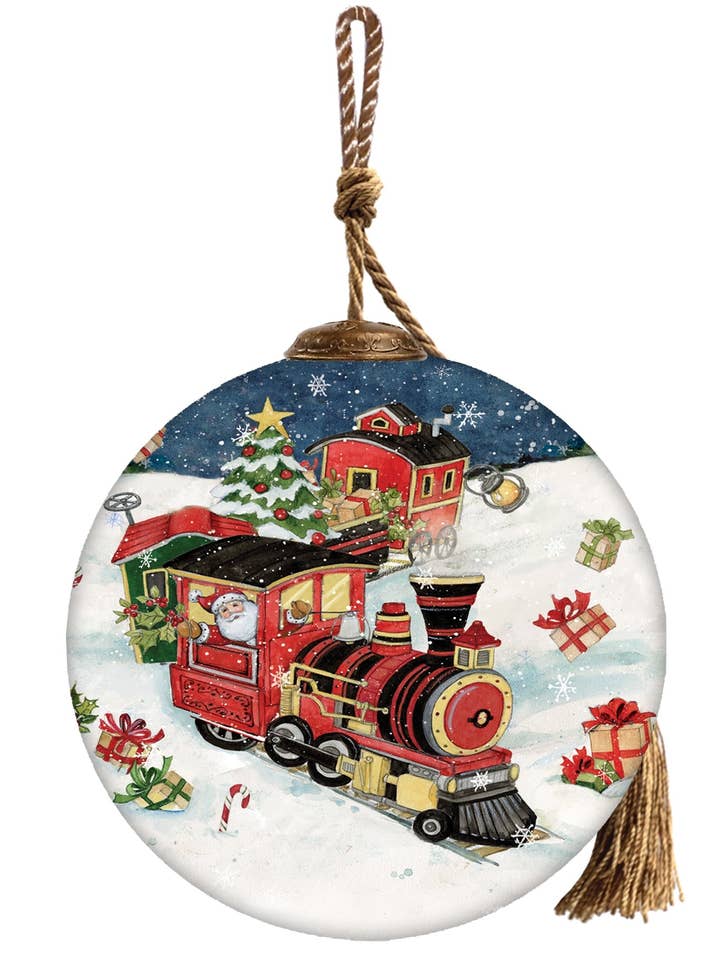Santa on Train Hanging Glass Ornament for wholesale by Inner Beauty Gifts