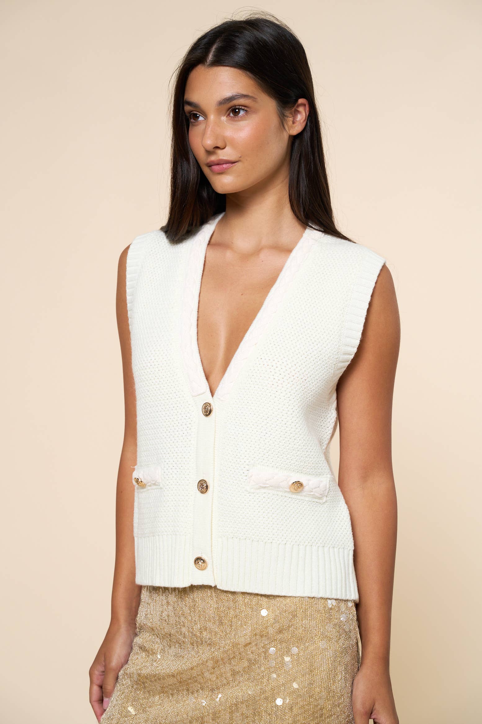 Lalavon - Vente Pull sans manches – femme - Gilet sans manches à boutons dorés ILT57647