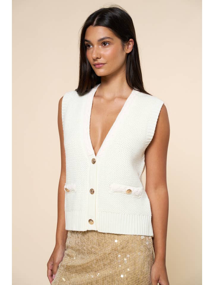 Lalavon - Vente Pull sans manches – femme - Gilet sans manches à boutons dorés ILT57647